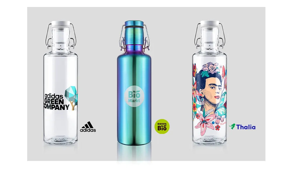 branded Trinkflaschen mit individuellem Design von adidas wentronic und thalia (frida kahlo)