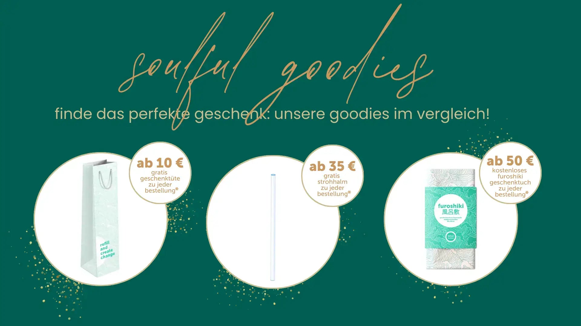 goodies für Bestellungen mit Geschenktüte, Strohhalm aus Glas und Furoshiki Geschenktuch