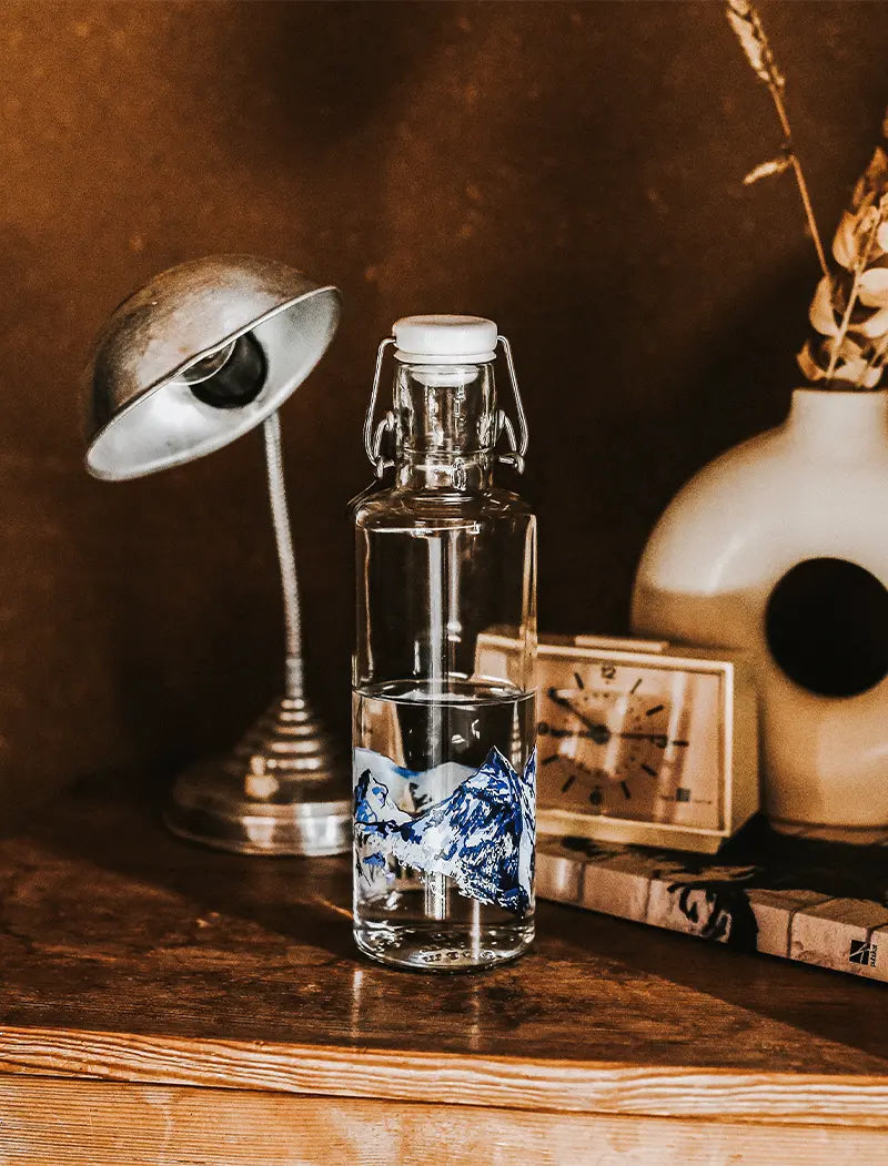 Trinkflasche mit Alpenpanorama Druck stehend auf Nachttisch