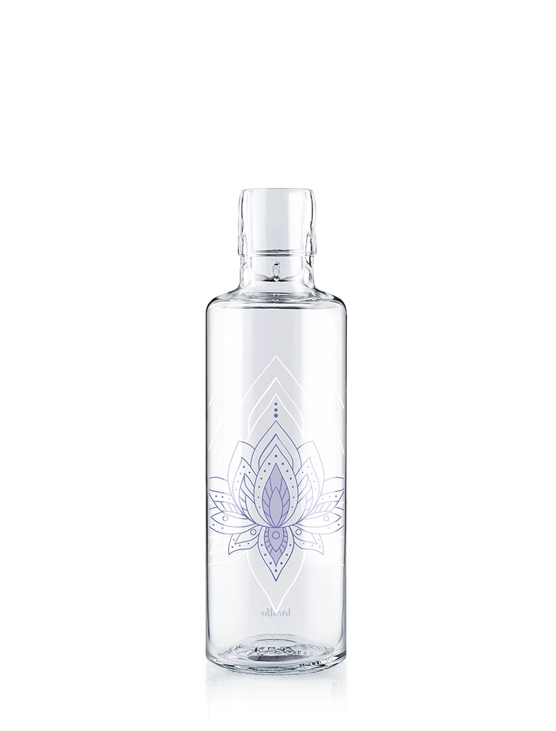 Trinkflasche aus Glas ohne Deckel mit Motiv Lotusblume - just breathe