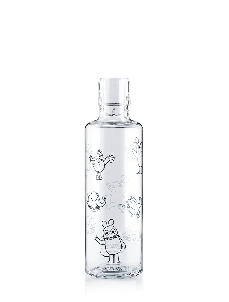 Trinkflasche aus Glas ohne Deckel mit Motiv Maus, Elefant und Ente aus der Sendung mit der Maus