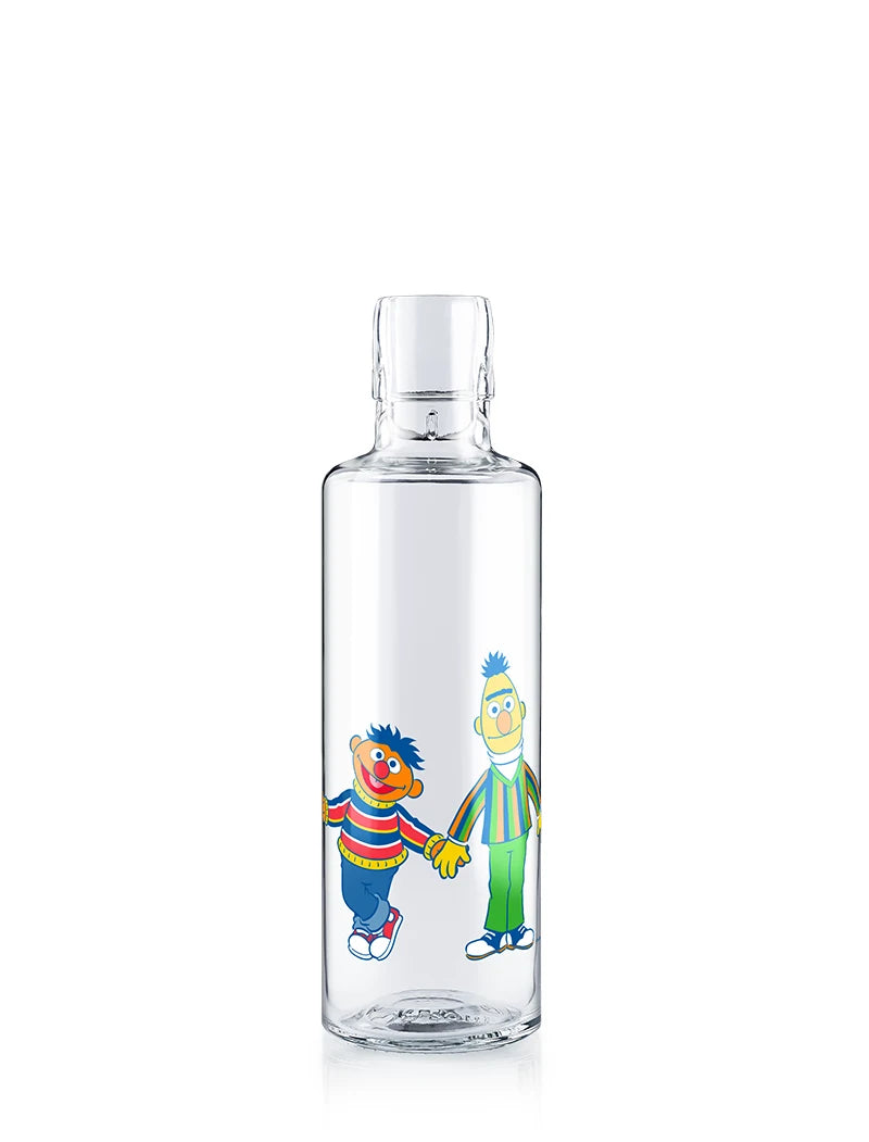 Trinkflasche aus Glas mit Ernie und Bert Motiv aus der Sesamstrasse