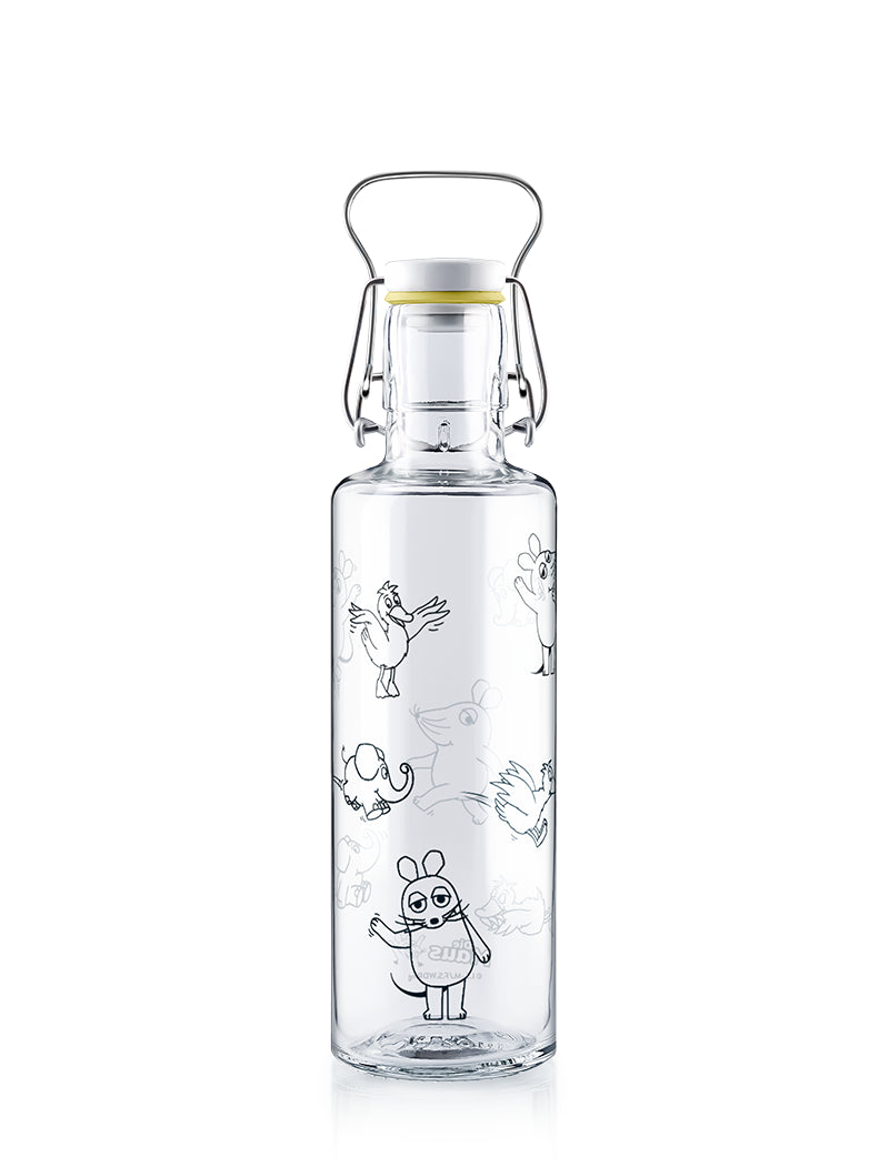 Trinkflasche auf weißem Grund mit dieMaus und Crew Motiv