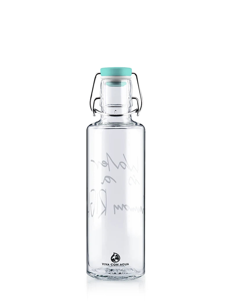 Trinkflasche - Wasserflasche aus Glas mit viva con agua "water is a human right" Druck