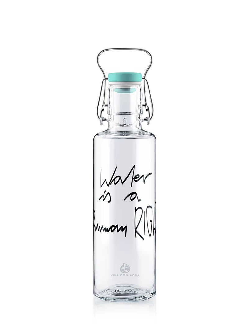 Trinkflasche - Wasserflasche aus Glas mit viva con agua "water is a human right" Druck und Tragegriff