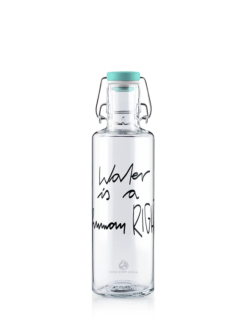 Trinkflasche - Wasserflasche aus Glas mit viva con agua "water is a human right" Druck