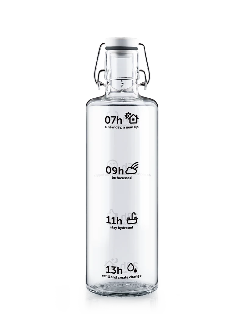 Trinkflasche aus Glas mit Trinkanzeige Motivation Skala