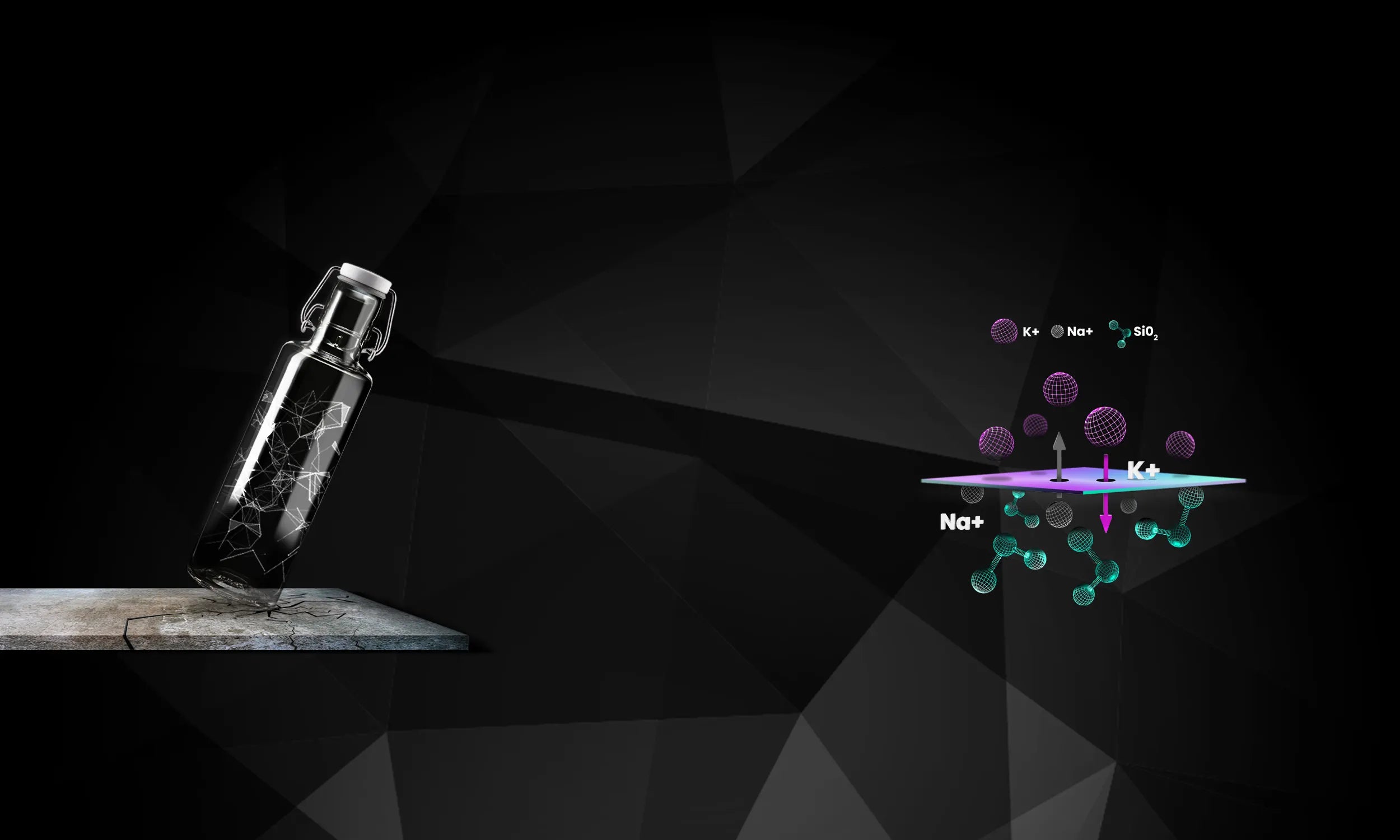 Trinkflasche fällt auf Steinboden und Ionenaustausch Grafik