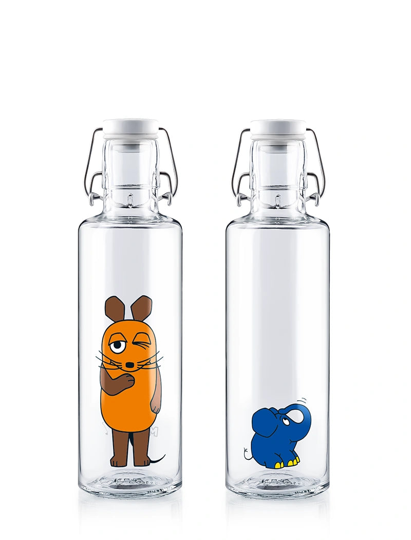 Set aus 2 Trinkflaschen aus Glas mit der Maus und dem Elefanten aus der Sendung mit der Maus